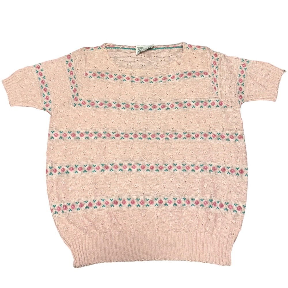 Billie Jo Vtg Pink Floral Knit Sweater Short Sleeve Pointelle Grannycore US Made